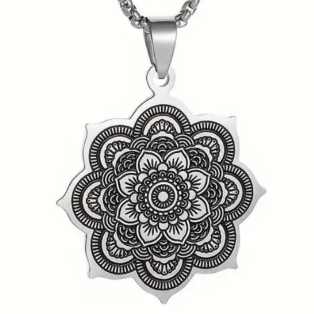 Stainless Steel Mandala Flower Pendant Necklace Boho Floral 24” Chain